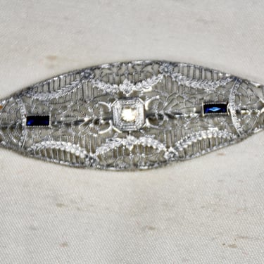 Antique Ostby & Barton Sterling Silver Filigree Art Deco Brooch C 1930 2 Sapphire Blue Stones and 1 Clear Center Stone Signed OB Sterling 