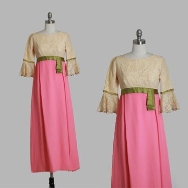 60s color block gown | Vintage 1960s pink + green satin floral lace maxi dress 