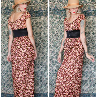 1970s Dark Floral Jersey Maxi Dress 