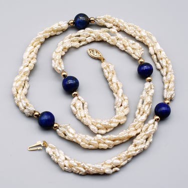 50's 14k gold lapis lazuli rice pearl modified torsade necklace, cream blue yellow 5 strand beaded statement 