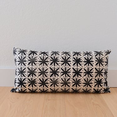 block printed lumbar throw pillow cover. black floral dots. 14