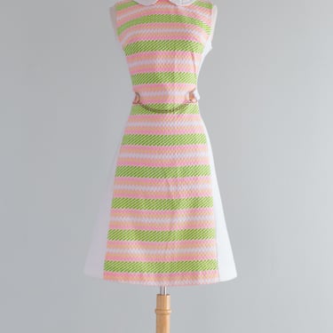 Iconic 1960's Pink &amp; Green Cotton Mod Dress With Peter Pan Collar / M