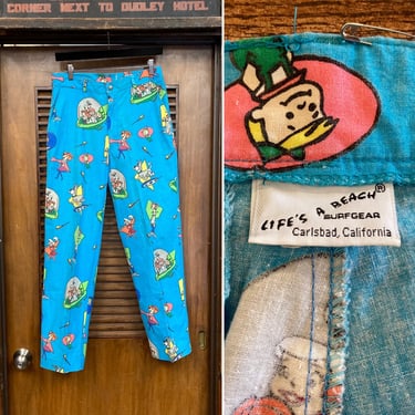 Vintage 1980’s w30 “Life’s A Beach” Jetsons Cartoon Skate Surf New Wave Pop Art Pants Trousers, 80’s Vintage Clothing 