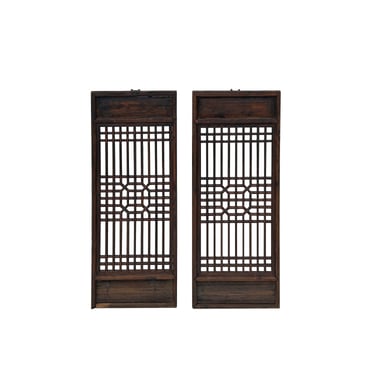 Pair Chinese Vintage Restored Wood Geometric Pattern Brown Wall Hanging Art ws3755E 