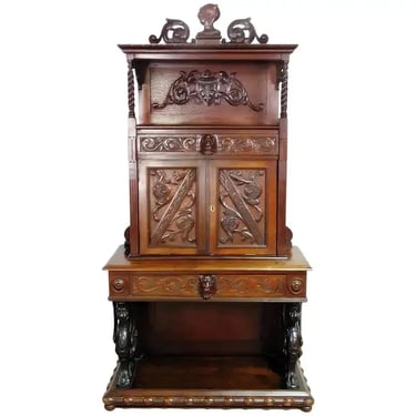 Carved Walnut Italian Secretary Desk Abatant with Griffin Supports