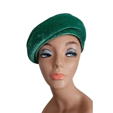 Vintage 60s Green Hat Velour Tam Beret Mod Style 