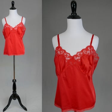 80s Bright Red Camisole - Lace Trim - Nylon Cami Blouse Slip - La Tendresse - Vintage 1980s - Size M L 40 