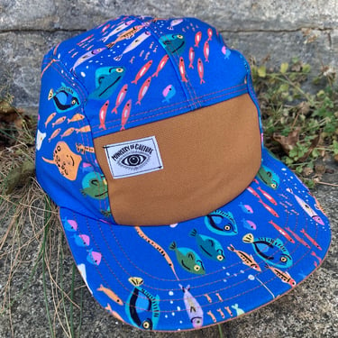 Handmade 5 Panel Camp Hat, Baseball Cap, five panel hat, Snap Back, 5panel hat, gift for him, fish school in ocean blue 