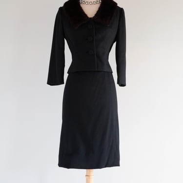 Sophisticated 1950's Black Wool Cocktail Dress With Matching Jacket / SM