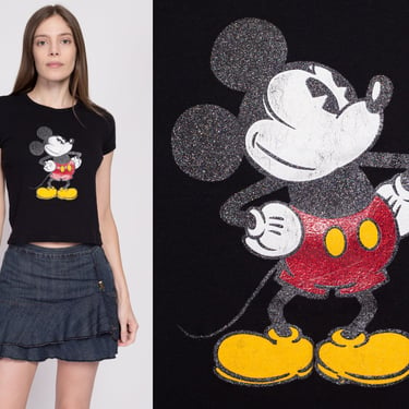 90s Y2K Mickey Mouse Fitted Tee - Small | Vintage Disney Cartoon Cropped Glitter Graphic T Shirt 