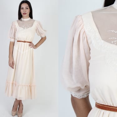 Vintage 70s Victorian PrairieCore Dress, Floral Embroidered Sheer Lace, 1970s Peach Wedding Bridal Maxi Dress 