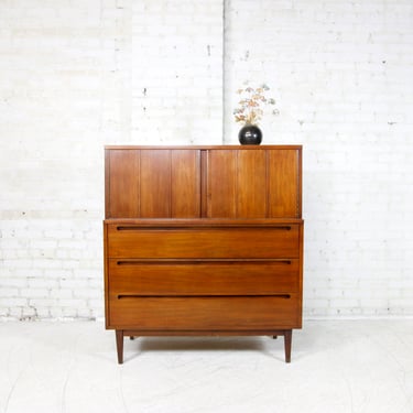 Vintage MCM walnut 5 drawer tallboy / high top dresser By American on Martinsville | Free shipping only in NYC and Hudson Valley areas 