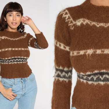 70s Striped Sweater Brown Wool Blend Sweater Boho Knit Crewneck Pullover Jumper Retro Fitted Sweater Boho Retro Vintage 1970s Extra Small xs 