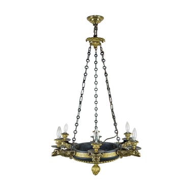 French Empire 6 Arm Lions & Eagles Bronze Chandelier