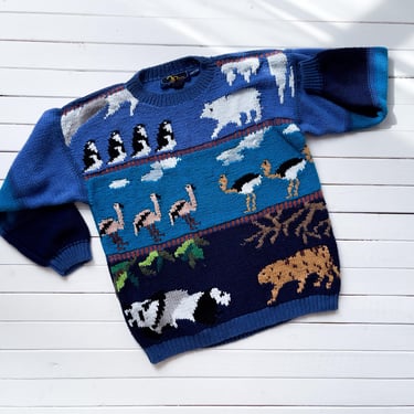 cute cottagecore sweater 80s vintage Mariea Kim blue hand knit animal sweater 