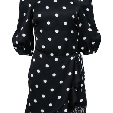 Rebecca Vallance - Black & White Polka Dot Print Mini Dress w/ Lace Trim Sz 2