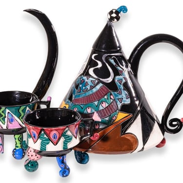 Memphis Style Artis Signed McGovney Camarot Teapot & 2 Tea Cups 
