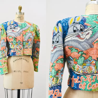 90s Vintage Jeanette Kastenberg Platinum Sequin Jacket Looney Tunes Bugs Bunny Warner Brothers Cartoon Comic Carrot Vegetarian Beaded Jacket 