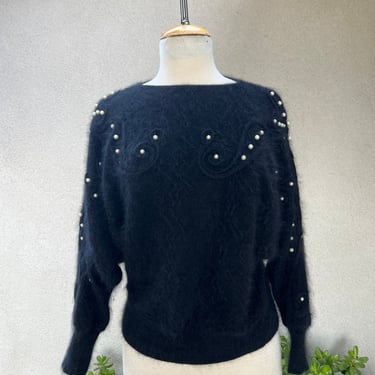Vintage glam black angora wool pullover textured sweater with pearls embellishments S/M by Jessica California 