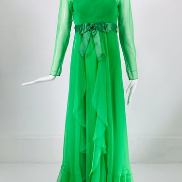Palm Beach Green Sheer Chiffon Ruffle Skirt Maxi Dress 1970s