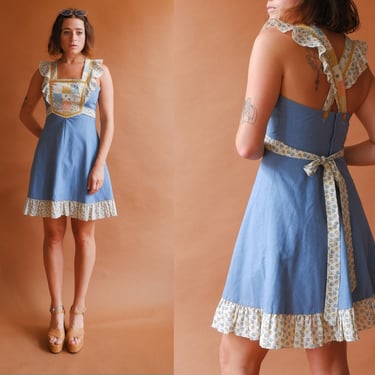 Vintage 70s Patchwork Chambray Mini Dress/ 1970s Criss Cross Ruffle Dress/ Size Small 