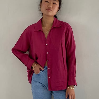 90s linen smock blouse / vintage garnet berry Irish linen artist smock oversized blouse | XL Extra Large 