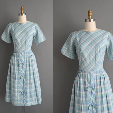 1950s vintage dress | Blue & Silver Plaid Print Cotton Dress | Medium | 