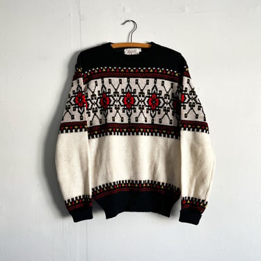 Vintage 60s 70s Jersild Wool Sweater Christmas Winter Snowflake Pattern black white yellow size M 