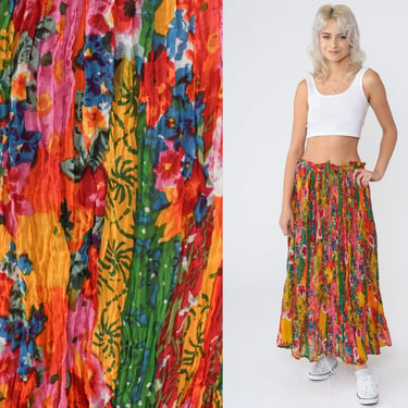 Floral Maxi Skirt 90s Broomstick Skirt Colorful Abstract Floral Print Boho Summer Festival Long Flowy Drawstring Waist Vintage 1990s Large L 
