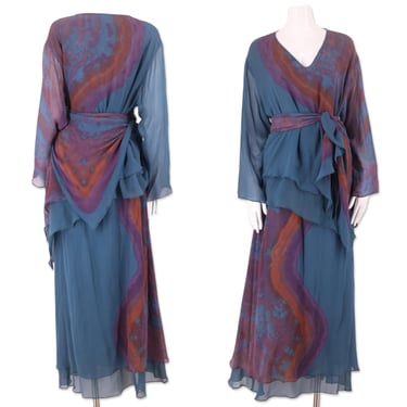 70s tie dye silk chiffon outfit, vintage 1970s CAROLE DOLIGHAN dress, 70s chiffon skirt, tie dye silk blouse sz L 