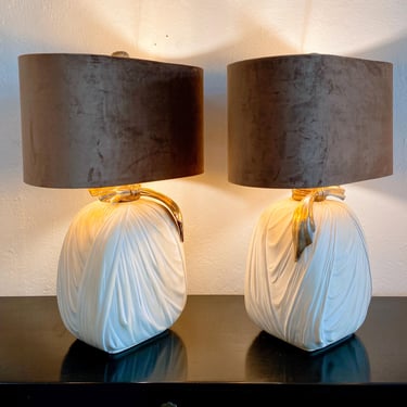 PAIR- draped cloth design table lamps | John Dickson-style bedside reading lamps | brass bows and filaments | Hollywood Regency design 