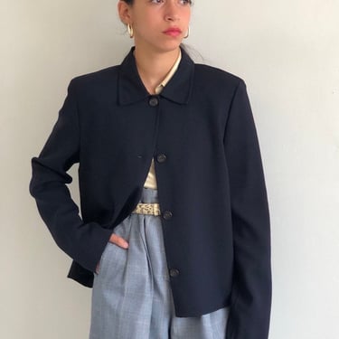 90s Michael Kors wool over shirt blazer / vintage Kors navy midnight blue double faced wool cropped collared unlined blazer jacket | Small 