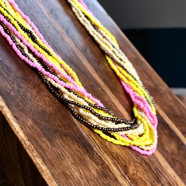 Vintage Seed Bead Necklace Multi Stand Warm Colors Boho Artisan Handmade Jewelry 