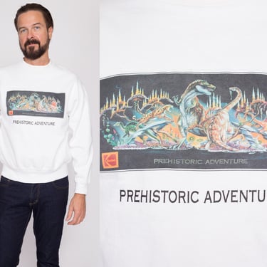 Medium 90s Prehistoric Adventure Rose Parade Sweatshirt | Vintage Dinosaur New Year's Kodak Float Team Graphic Crewneck 