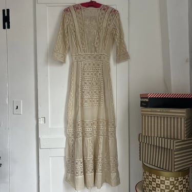 Antique Edwardian off White Embroidered Needle Lace Dress Bridal Wedding Vintage