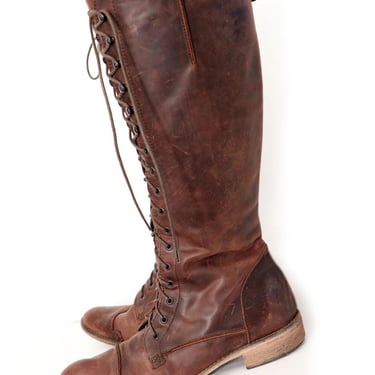 Brown Leather Charles David Knee High Boots, size 7 US, Made In Italy, Lace Up Motorcycle riding Women's Boots 1920's style 