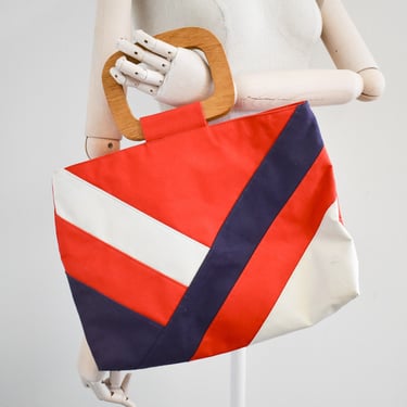 1970s/80s Red, Cream, and Navy Canvas Tote Bag 