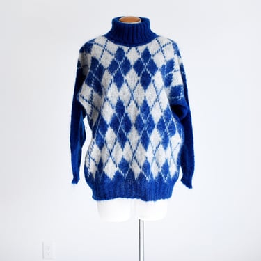 1980s Mohair Blue Argyle Sweater - L/XL 