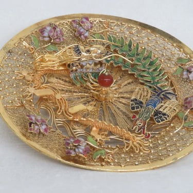Chinese Gold Filigree Gilt Enamel Dragon Phoenix 3D Decorative Plate 3565B