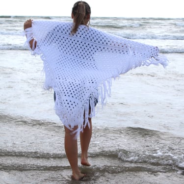 White Crochet Shawl, Vintage Fringe Wrap, Hand Knit, Large Triangular, One Size 