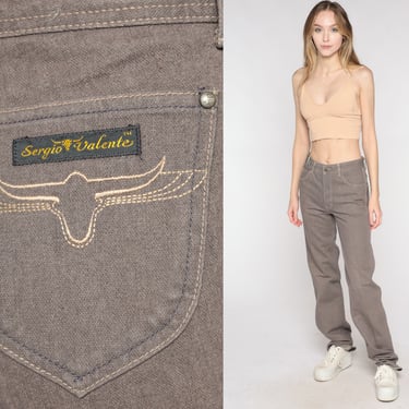 Western Jeans 90s Old Stock Sergio Valente Jeans Taupe High Waisted Straight Leg Denim Pants Embroidered Steer Vintage 1990s Small 28 Long 
