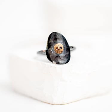 10K Gold Tiny Skull and Oxidized Sterling Silver Ring