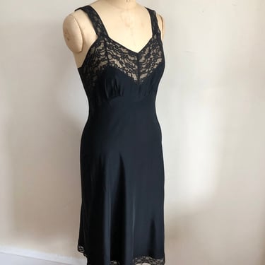 Black Silk Dress Slip with Lace Trim - 1940s 
