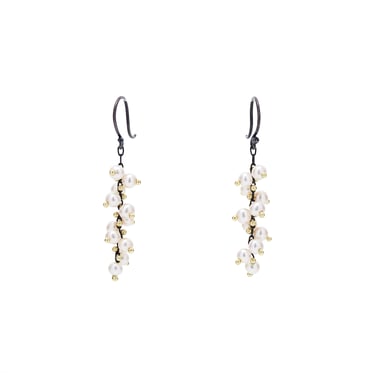 TenThousandThings 18k Beaded Short Spiral White Pearls on Oxidized Silver Earrings