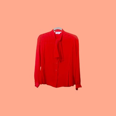 Puff Sleeve Blouse, Red Vintage 1990s Secretary Blouse, Silky Loose Fit Bow Tie Neck Top, Romantic Oversized Classic Simple Soft Bow Collar 