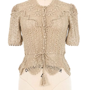 Natural Crochet Peplum Button Front Top