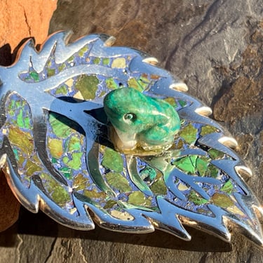 Bernice Goodspeed ~ Vintage Taxco Sterling Silver and Stone Leaf with Carved Frog Brooch / Pin / Pendant 