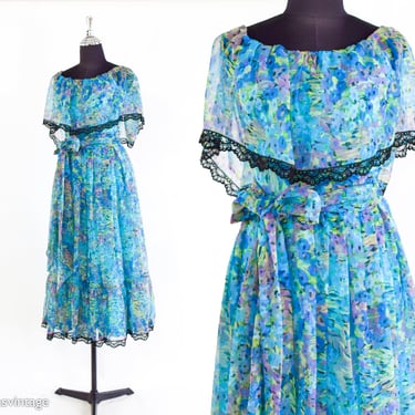 1970s Blue & Turquoise Floral Print Peasant Dress | 70s Blue Floral Maxi Dress | Victor Costa | Small 