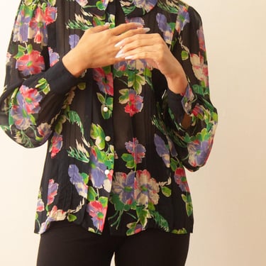 Early 1980s Cacharel Chiffon Floral Blouse 