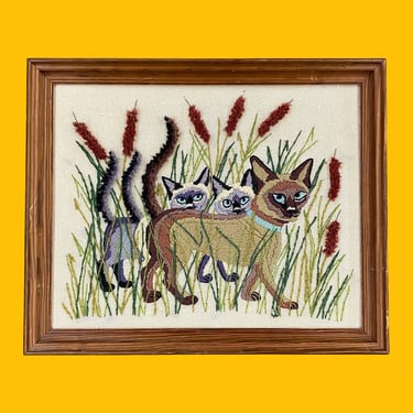 Vintage Cat Crewel 1970s Retro Size 18x23 Bohemian + Siamese Cats + Embroidery + Handmade + Fiber Art + Cat Lover + Home + Wall Decor + Art 